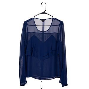 Express Women's Blouse Blue Ruffle Sheer Long Sleeve Chiffon Layered Top Small